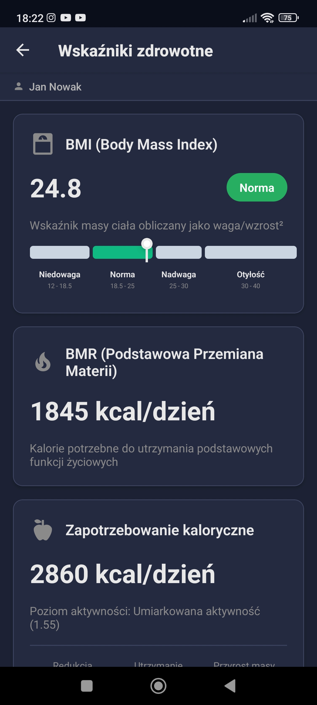 Wskaźniki zdrowotne klienta — Gym Reporter
